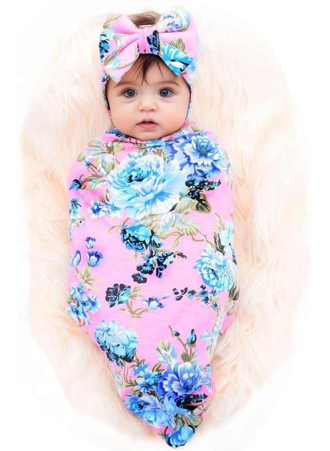 Galabloomer Newborn Receiving Blanket Headband Set Flower Print Baby Swaddle Receiving Blankets Pink Rose - Image 1